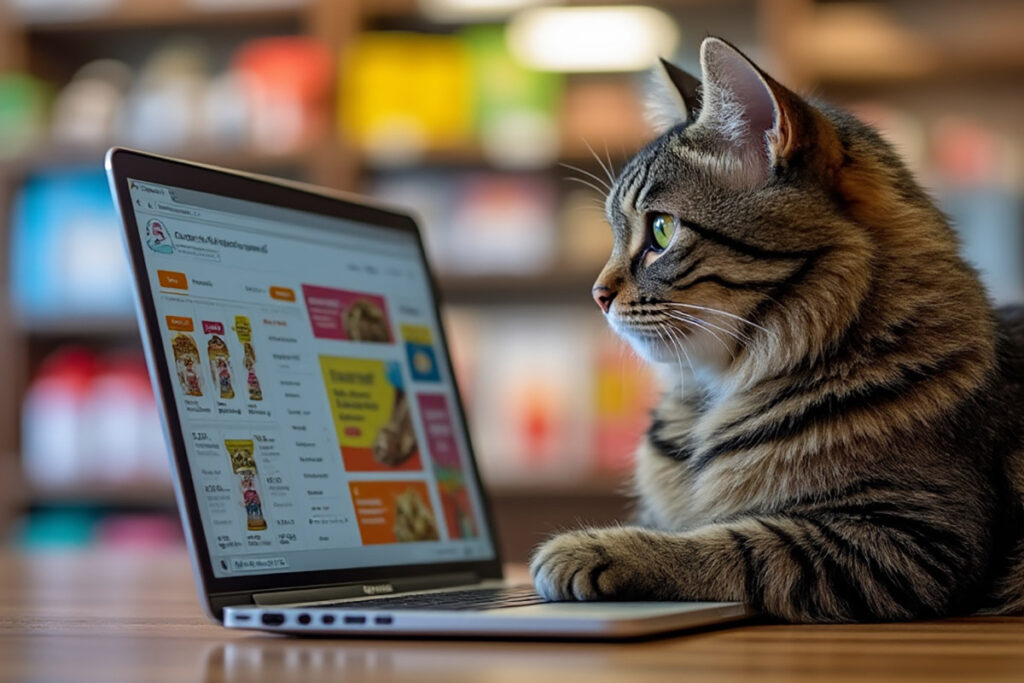 photo of a cat shopping online for supplies