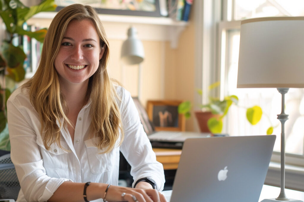 photo of a smiling woman using Pie Adblock while shopping