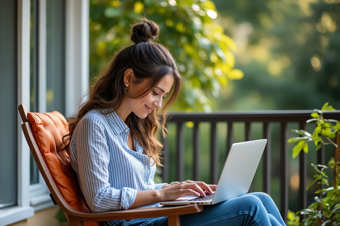 photo of a woman using her laptop on the porch