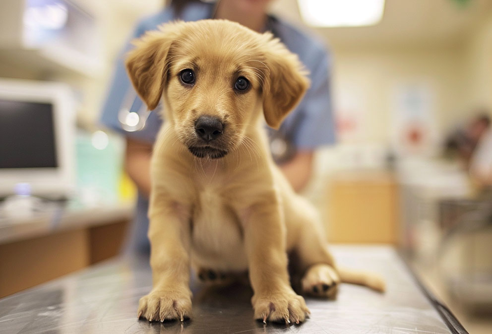 photo of a puppy at the vet