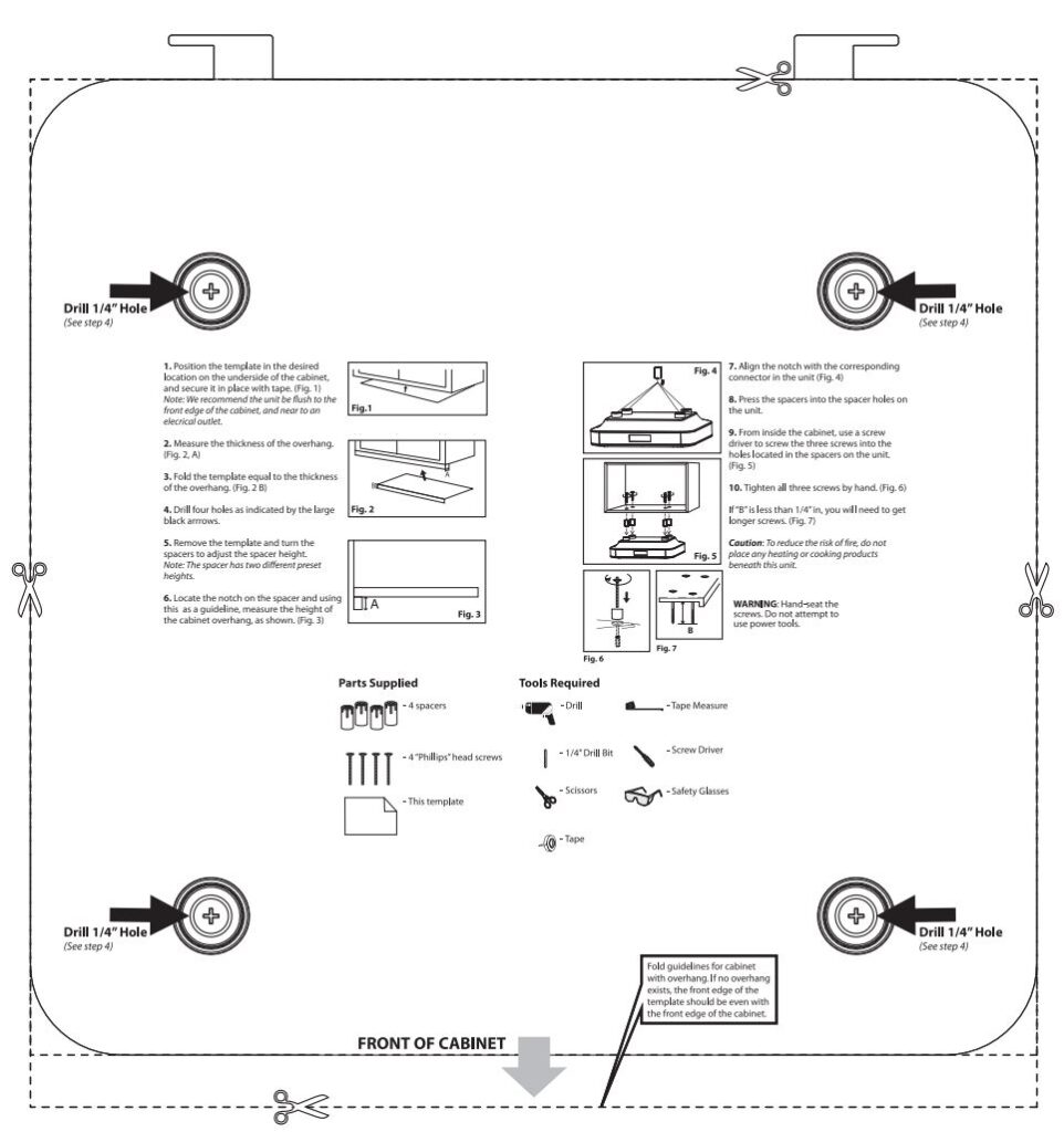 photo of a mounting template for an under cabinet CD player