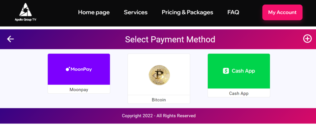 screenshot of Apollo Group TV payment methods