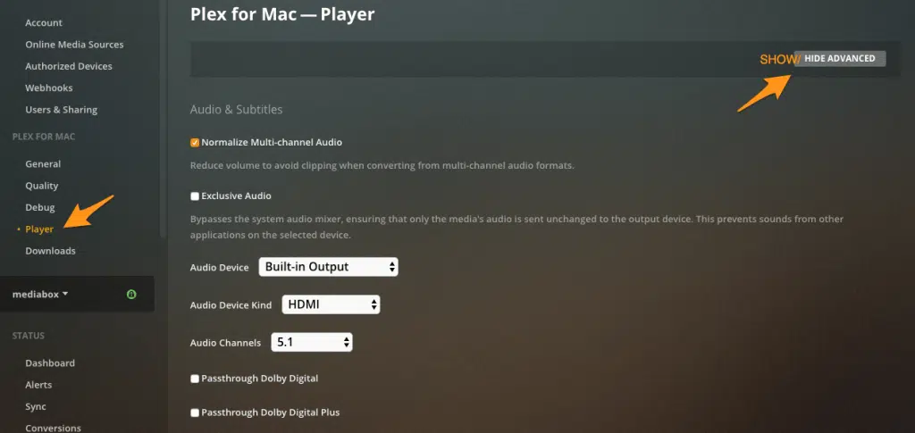 screenshot of Plex audio settings